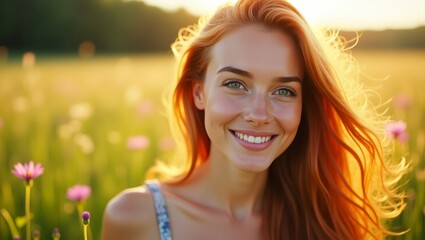 Fototapeta premium Smiling young woman with red hair in a meadow at golden hour, natural outdoor portrait