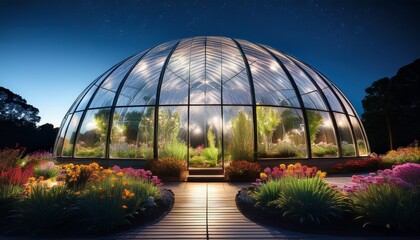 Obraz premium enclosed glass dome structure filled with lush greenery and vibrant flowers under a clear night sky with light