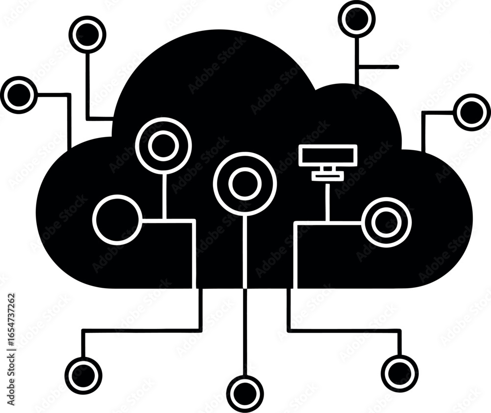 Aufkleber vector art of black cloud icon with digital connections and nodes representing technology and data, 