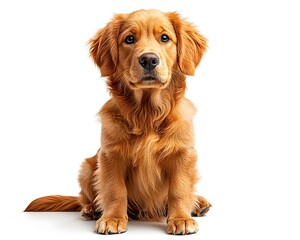 Adorable golden retriever puppy sitting on white background