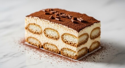 A slice of tiramisu, layered with ladyfingers and creamy filling, dusted with cocoa powder and topped with chocolate shavings
