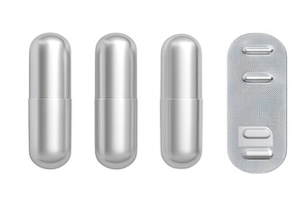 Four silver metallic capsules and a blister pack