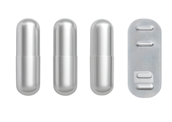 Four silver metallic capsules and a blister pack