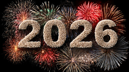 Large glitter silver 2026 digits with red and gold fireworks in dark night background setting