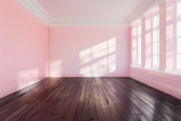 Obraz premium A sun-drenched, empty room, painted a soft pink hue, showcasing a hardwood floor and tall, white-framed windows.