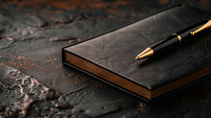 Sleek black notebook rests on textured surface, accompanied by stylish pen. rich tones and elegant design evoke sense of sophistication and creativity