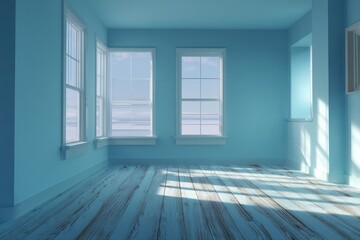 Fototapeta premium A bright, light-blue room with large windows offers a tranquil view of the ocean.