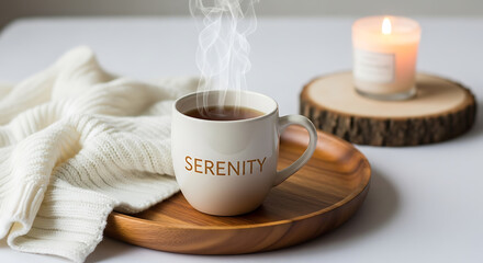 Fototapeta premium Tranquil still life featuring steaming mug, cozy knitwear, and glowing candle