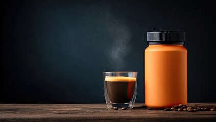 Espresso and orange container on a wood table