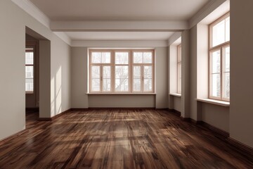 Fototapeta premium A spacious, light-filled room with large windows and a rich wooden floor.