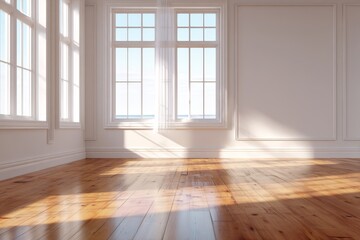 Obraz premium A sun-drenched, elegant room with large windows, showcasing a polished wooden floor and classic architectural details.
