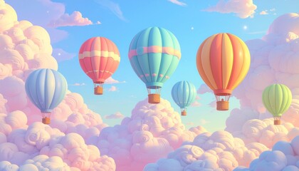Obraz premium Pastel Hot Air Balloons Floating in Dreamy Cloudscape