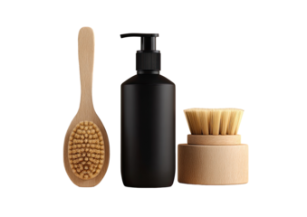Natural spa set.  Wooden brush, bottle, and body scrub brush