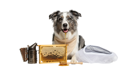Border collie with honey and beekeeping equipment isolated on transparent background