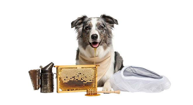 Border collie with honey and beekeeping equipment isolated on transparent background