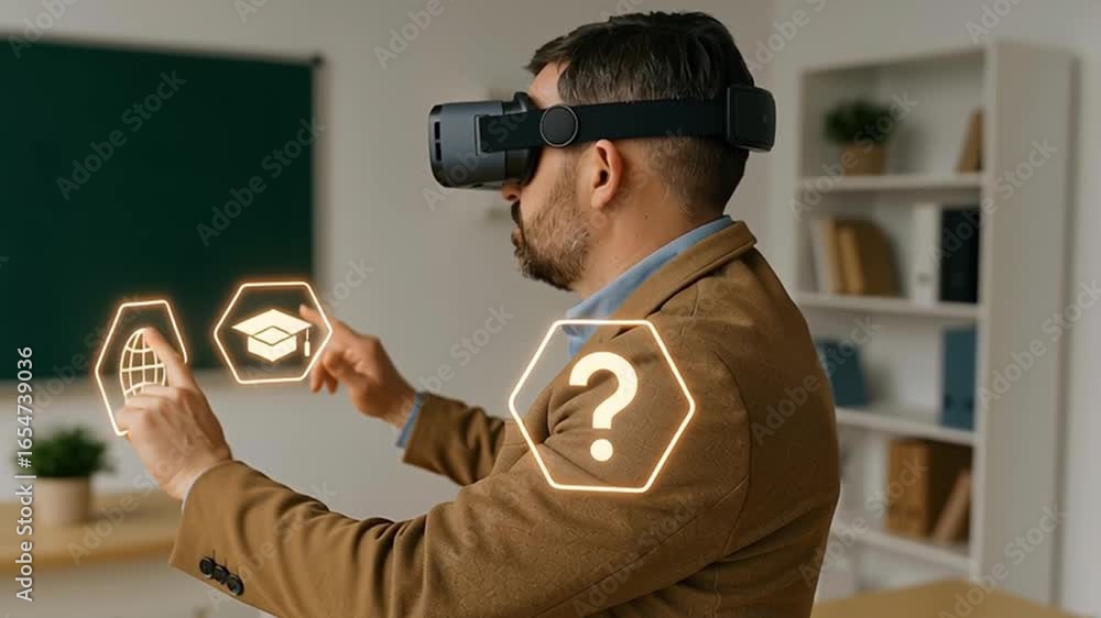 Poster A person wearing a VR headset interacts with a virtual interface, exploring new technologies. 