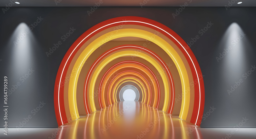 Poster an illuminated tunnel of colorful arches leading to a bright light at the end creating a sense of fu