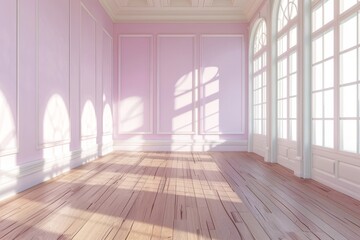 Obraz premium A sunlit, empty room with soft pink walls and ornate white trim, showcasing the play of sunlight and shadows on the light-colored wooden floor.