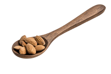 Wooden Spoon of Almonds: A handful of raw almonds elegantly nestled in a rustic wooden spoon. A captivating composition showcasing natural beauty, and culinary delight.