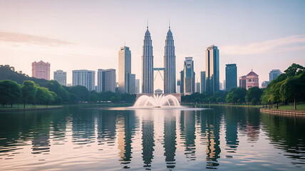 Twin Towers Cityscape with Lake Fountain and Green Park at Dusk skyline skyscrapers
