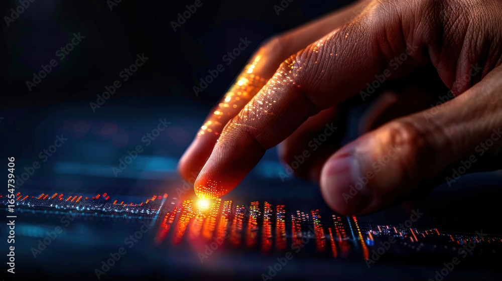 Poster hand with glowing fingertip interacts with digital interface, showcasing vibrant data visualizations