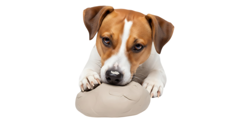 Jack russell terrier playing with clay isolated on transparent background