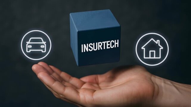 The concept of Insurtech, a hand holding a blue cube, next to home and car icons. 