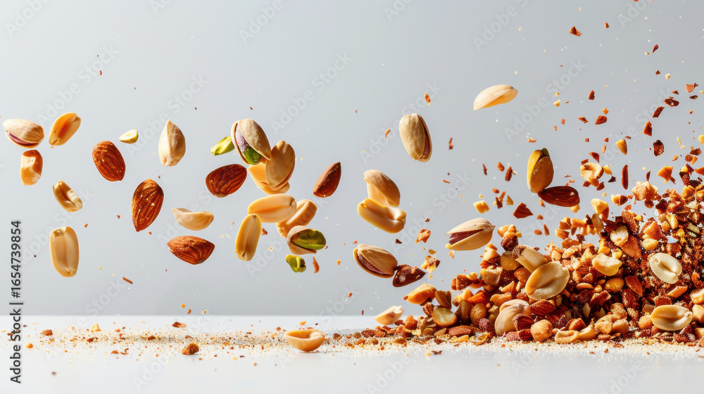 Poster crunchy nuts various shapes and colors are scattered mid air, creating dynamic and vibrant scene. as