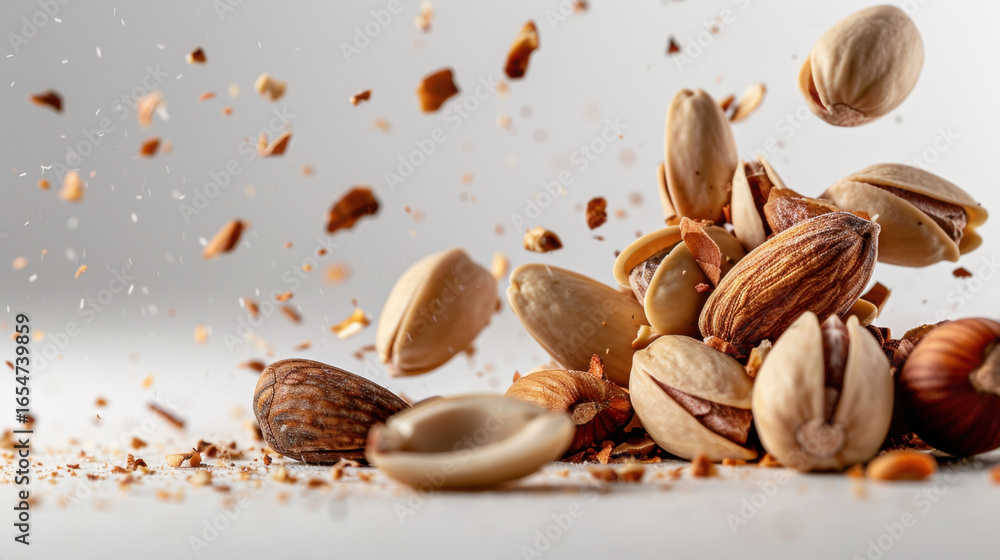 Poster nuts falling on surface create dynamic and visually appealing scene, showcasing variety of textures 