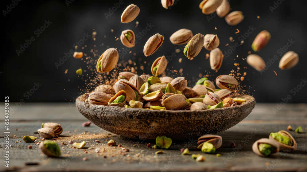 Aufkleber pistachios falling into rustic bowl create dynamic scene filled with energy and texture. vibrant gre