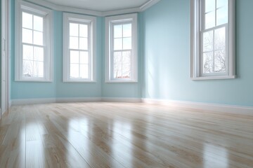 Obraz premium An empty room with light-blue walls, white trim, and a polished light-beige hardwood floor, showcasing a bright, airy, and spacious interior design.