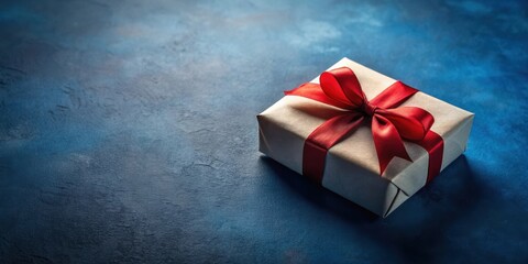 A thoughtfully wrapped gift, tied with a vibrant red ribbon, rests on a deep blue textured surface.  The present's understated elegance suggests a special occasion.