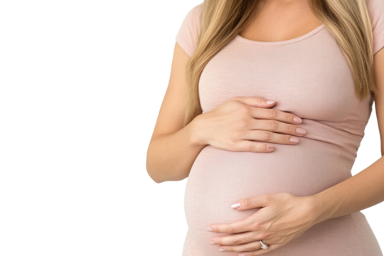 Radiant Expectation: A pregnant woman tenderly cradles her baby bump, embodying the beauty and anticipation of motherhood in a soft, intimate portrait.