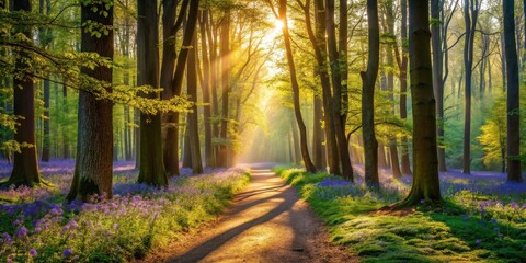 Obraz premium Golden sunlight streams through a tranquil forest path, illuminating a carpet of vibrant purple wildflowers