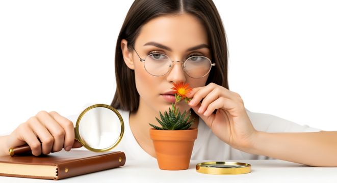Young woman examining a small plant isolated on transparent background