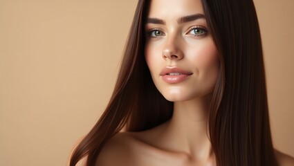 Naklejka premium Gorgeous Woman with Long Sleek Hair and Natural Beauty Look