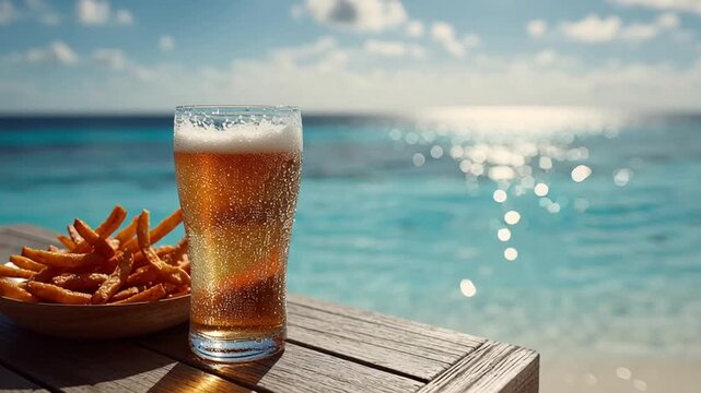 A refreshing glass of beer with fries on a wooden table by the beach.