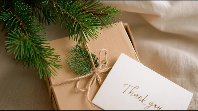 Gift box with thank you card and pine branch on fabric background  