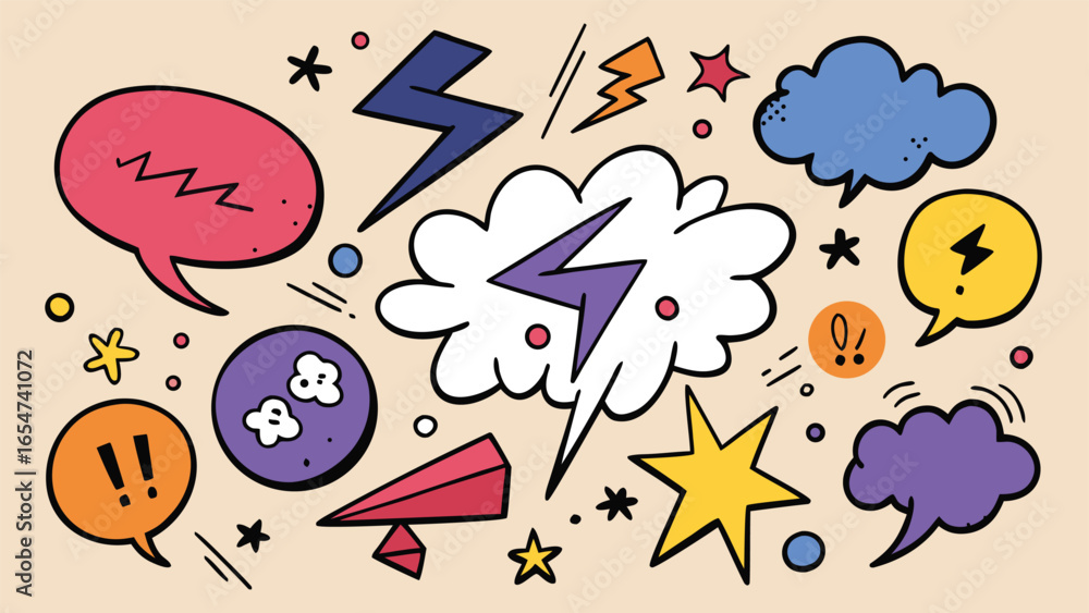 Poster a collection of variously shaped speech bubbles in different colors, representing conversation and c