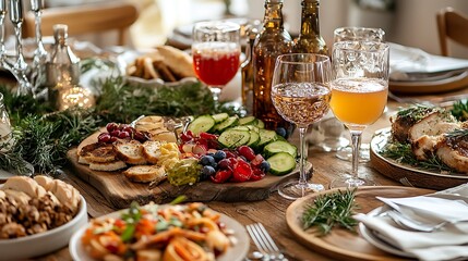 Table with plates full of various fresh food in cafe, freshly squeezed juices, eggs, fruits and sausages. Each bowl features various vegetables, herbs, and proteins.
