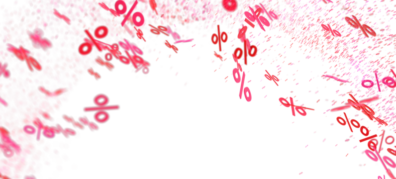 Abstract background with red percentage symbols falling on white. Ideal for sales, discounts, promotions.
