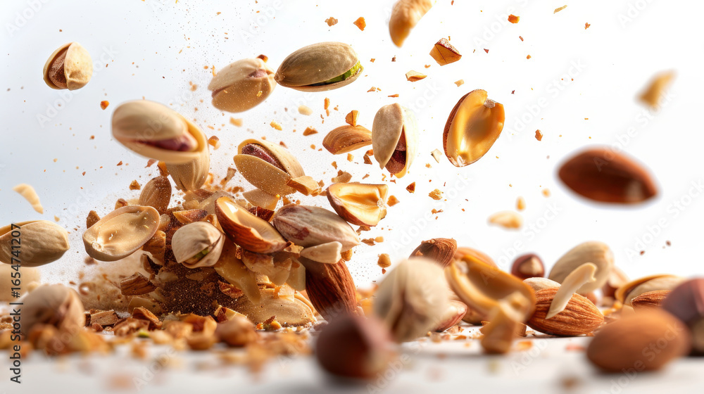 Fototapete exploding nuts create dynamic scene filled with various types of nuts, including almonds and pistach