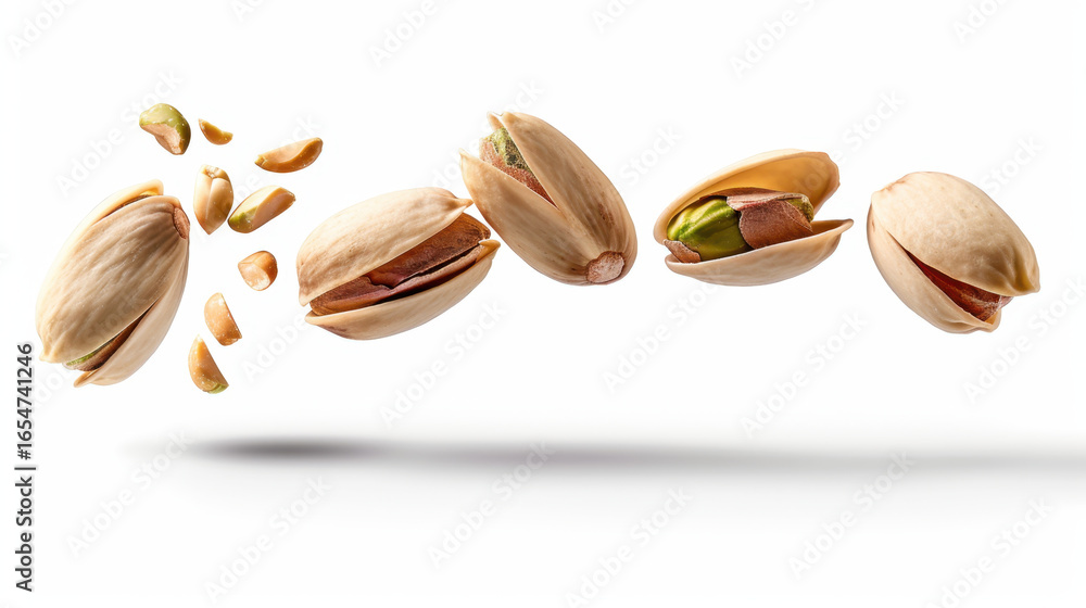 Aufkleber pistachio nuts in various stages of opening, showcasing their green kernels and beige shells, create