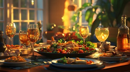 Table with plates full of various fresh food in cafe, freshly squeezed juices, eggs, fruits and sausages. Each bowl features various vegetables, herbs, and proteins.