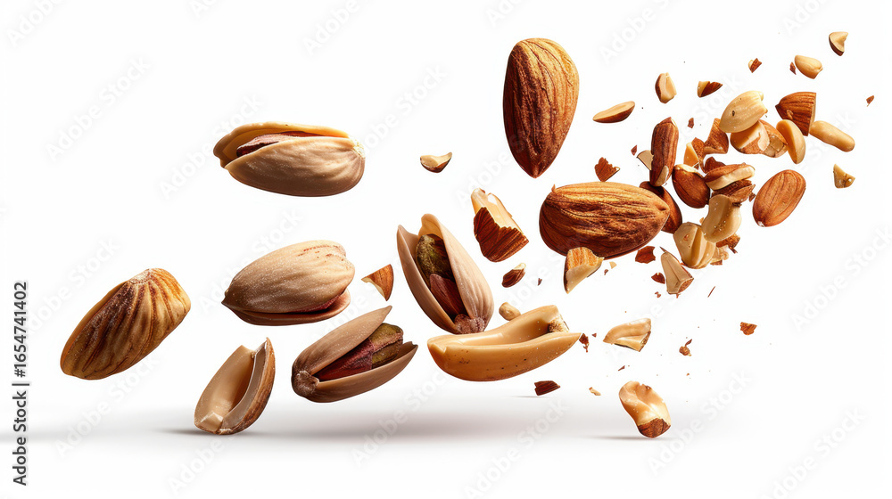 Poster nuts various forms are scattered against white background, showcasing dynamic explosion of almonds a