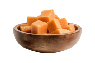 Cubed Papaya in Wooden Bowl: A close-up shot showcases a wooden bowl brimming with neatly diced papaya, its vibrant orange hue creating a mouthwatering contrast against the natural wood grain.
