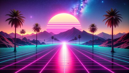 Retro Wave Landscape with Neon Grid, Palms, and Distant Mountains Illustration
