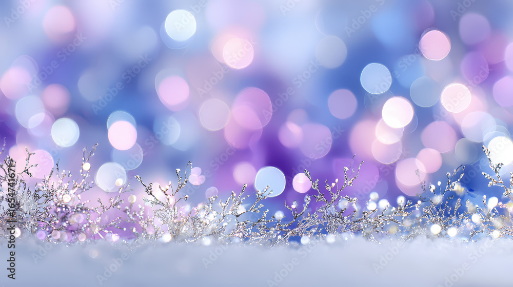 Aufkleber frosted branches glisten on a snow-covered surface with a soft-focus background of colorful bokeh li
