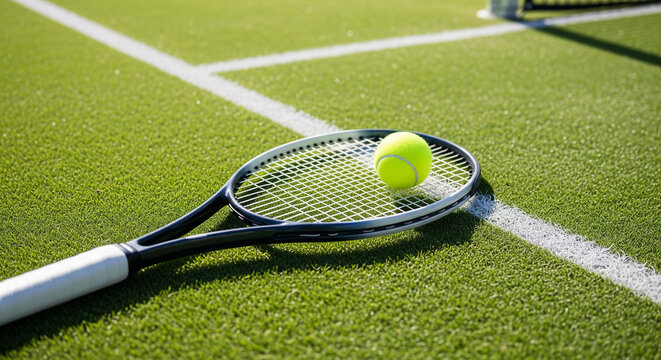 Flat Lay Tennis Racket and Ball on Green Grass Court with Copyspace - Powered by Adobe