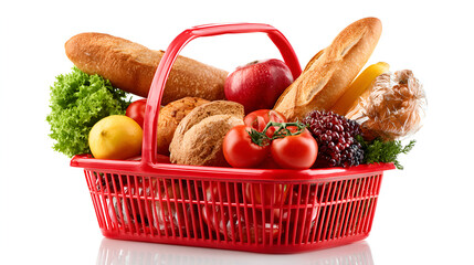 Red basket full of groceries fresh bread fruit vegetables and more healthy eating